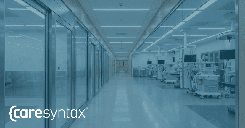 An architectural interior shot of a modern surgical wing, looking from the OR toward the PACU. The image uses leading lines to show a long, clean hallway. The lighting is cool and clinical but realistic. One side of the hallway is clear, the other has a subtle "backup" of equipment. The composition is very symmetrical and organized. Shot with a wide-angle lens, architectural photography style, high resolution, clean and sophisticated.